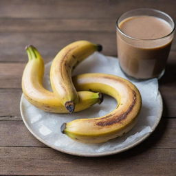 Two pieces of perfectly grilled bananas placed next to a glass of ice coffee on a rustic wooden table.