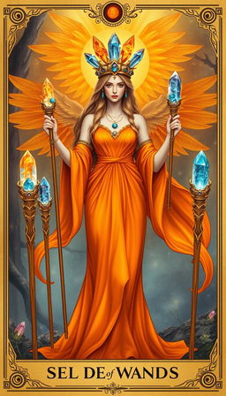 The Goddess of Wands stands regally in a mystical realm, donning a flowing orange dress that radiates warmth and vitality