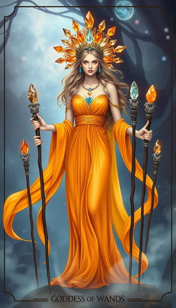 The Goddess of Wands stands regally in a mystical realm, donning a flowing orange dress that radiates warmth and vitality