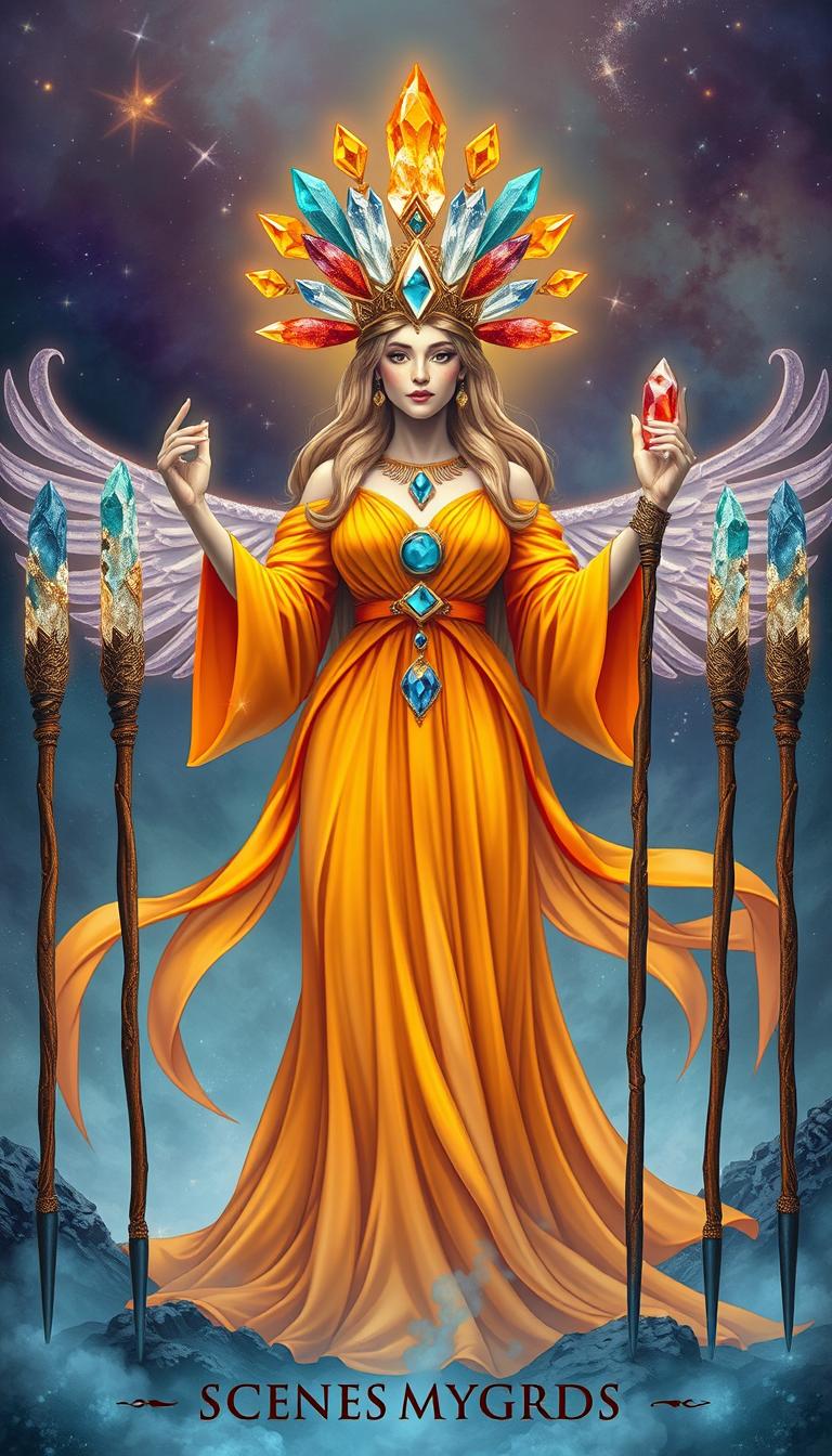 The Goddess of Wands stands regally in a mystical realm, donning a flowing orange dress that radiates warmth and vitality