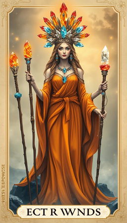 The Goddess of Wands stands regally in a mystical realm, donning a flowing orange dress that radiates warmth and vitality