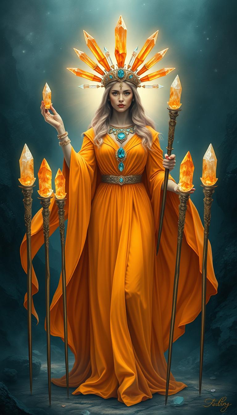 The Goddess of Wands stands regally in a mystical realm, donning a flowing orange dress that radiates warmth and vitality