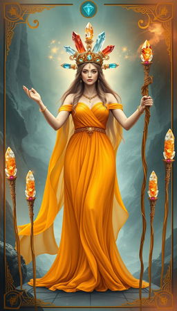 The Goddess of Wands stands regally in a mystical realm, donning a flowing orange dress that radiates warmth and vitality