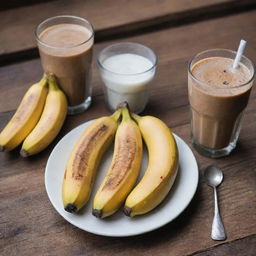 Two pieces of perfectly grilled bananas placed next to a glass of ice coffee on a rustic wooden table.