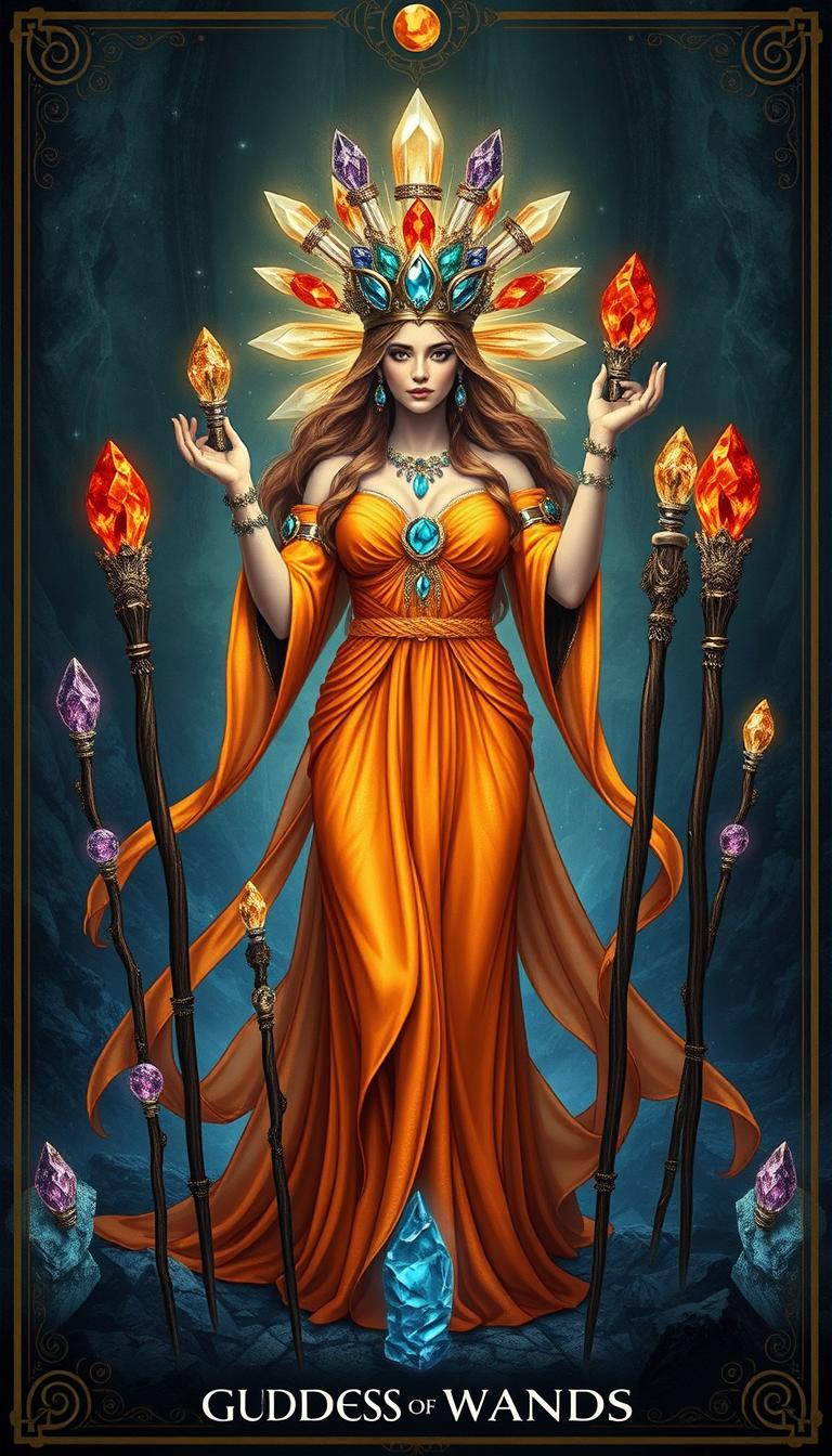 The Goddess of Wands stands regally in a mystical realm, donning a flowing orange dress that radiates warmth and vitality