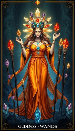 The Goddess of Wands stands regally in a mystical realm, donning a flowing orange dress that radiates warmth and vitality