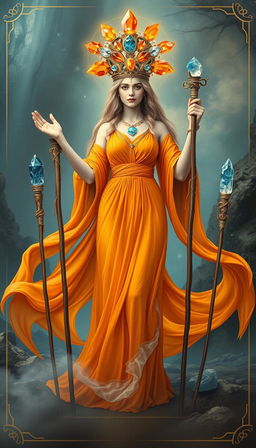 The Goddess of Wands stands regally in a mystical realm, donning a flowing orange dress that radiates warmth and vitality