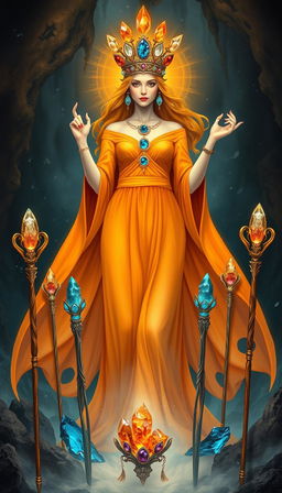 The Goddess of Wands stands regally in a mystical realm, donning a flowing orange dress that radiates warmth and vitality