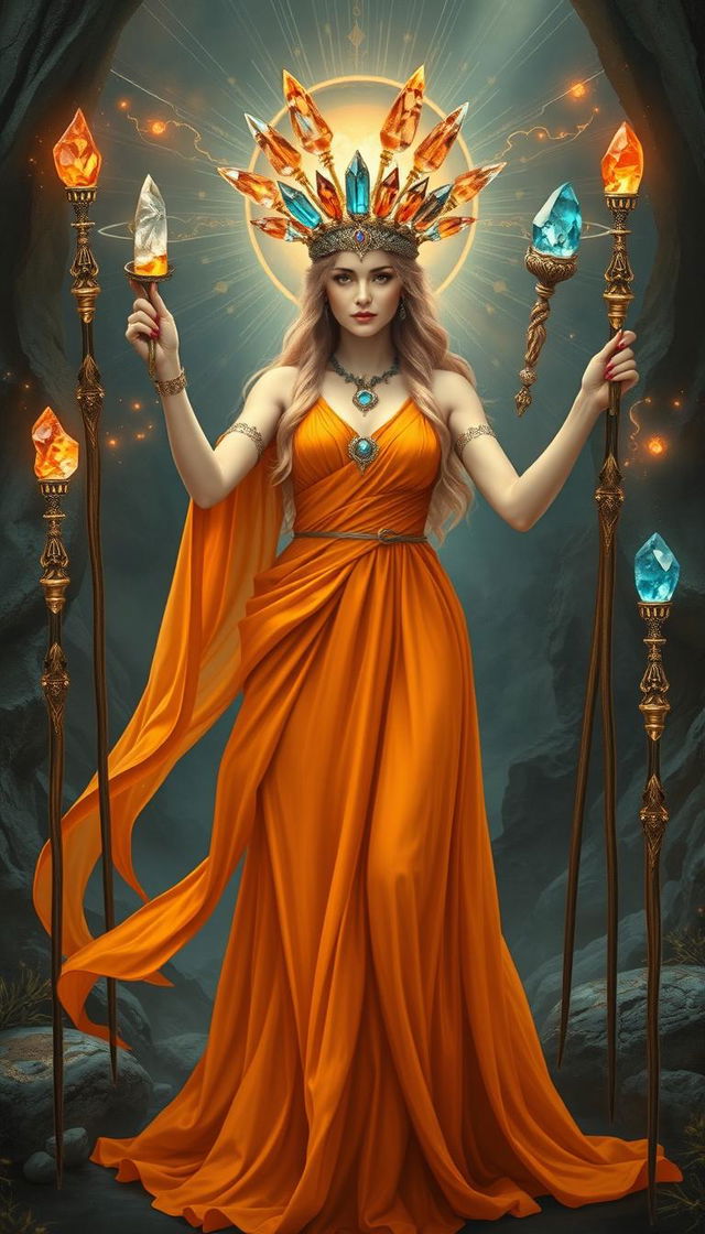 The Goddess of Wands stands regally in a mystical realm, donning a flowing orange dress that radiates warmth and vitality