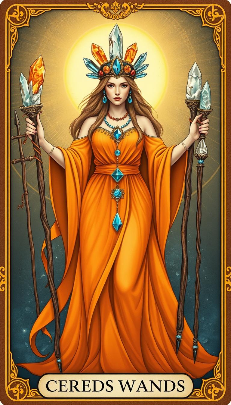 In a mystic-themed depiction, the Goddess of Wands is adorned in a flowing orange dress that exudes warmth and vibrant energy