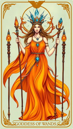 In a mystic-themed depiction, the Goddess of Wands is adorned in a flowing orange dress that exudes warmth and vibrant energy