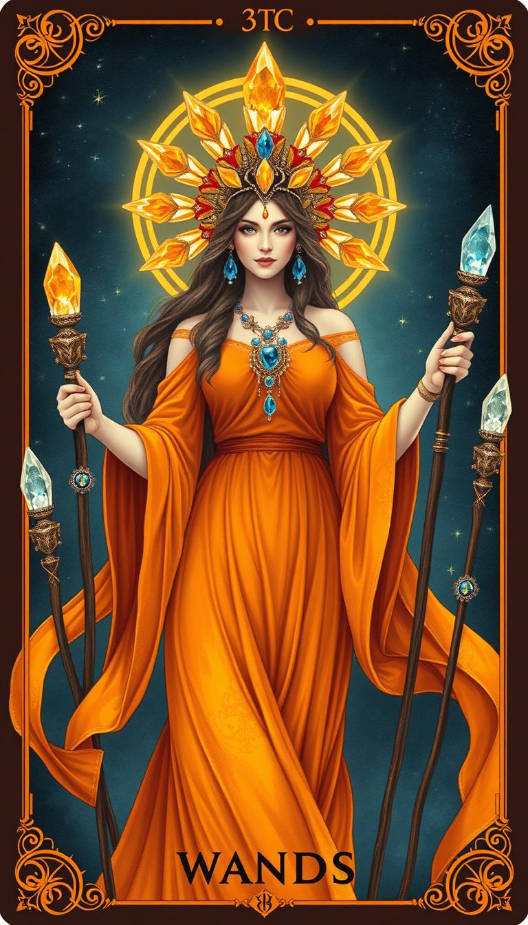 In a mystic-themed depiction, the Goddess of Wands is adorned in a flowing orange dress that exudes warmth and vibrant energy