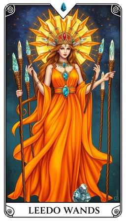 In a mystic-themed depiction, the Goddess of Wands is adorned in a flowing orange dress that exudes warmth and vibrant energy