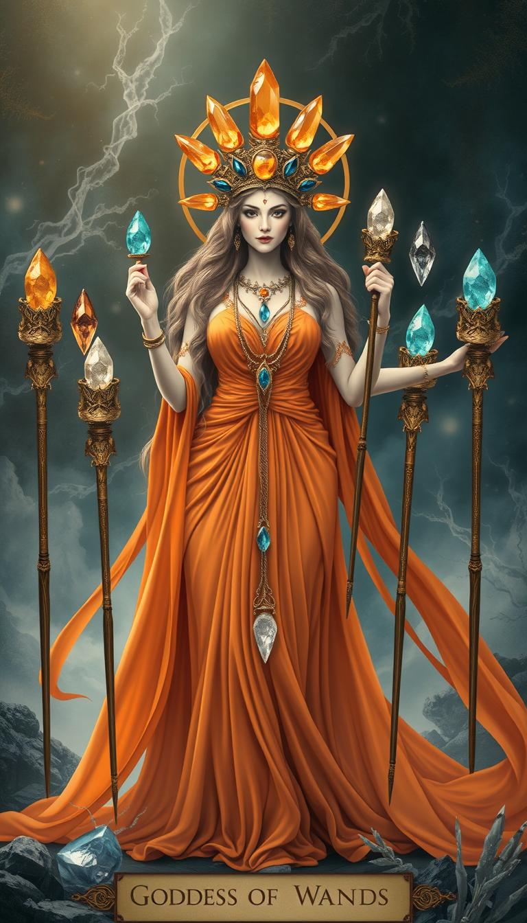 The Goddess of Wands stands majestically in a realm of mysticism, draped in an orange flowing dress that embodies energy and grace