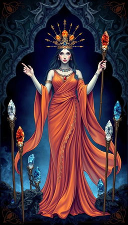 The Goddess of Wands stands majestically in a realm of mysticism, draped in an orange flowing dress that embodies energy and grace