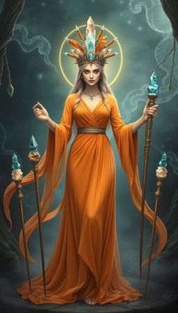 The Goddess of Wands stands majestically in a realm of mysticism, draped in an orange flowing dress that embodies energy and grace