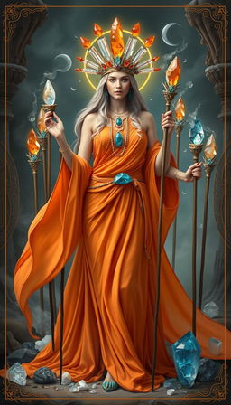 The Goddess of Wands stands majestically in a realm of mysticism, draped in an orange flowing dress that embodies energy and grace