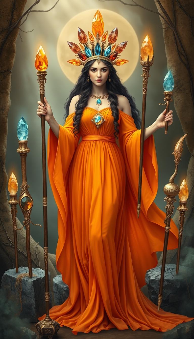 The Goddess of Wands stands regally in a mystical setting, adorned in a flowing orange dress that captures the essence of warmth and energy