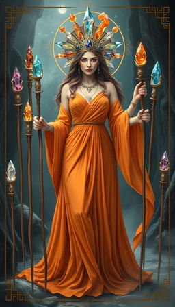 The Goddess of Wands stands regally in a mystical setting, adorned in a flowing orange dress that captures the essence of warmth and energy