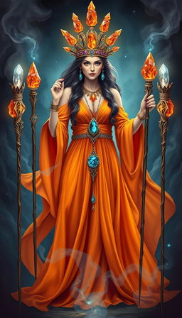 The Goddess of Wands stands regally in a mystical setting, adorned in a flowing orange dress that captures the essence of warmth and energy