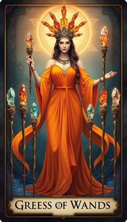 The Goddess of Wands stands regally in a mystical setting, adorned in a flowing orange dress that captures the essence of warmth and energy