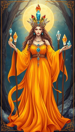 The Goddess of Wands stands gracefully in a mystical theme, adorned in a flowing orange dress that radiates warmth and vibrant energy