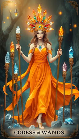 The Goddess of Wands stands gracefully in a mystical theme, adorned in a flowing orange dress that radiates warmth and vibrant energy