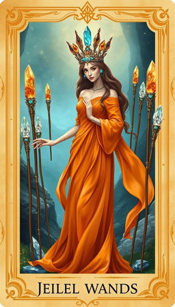 The Goddess of Wands stands gracefully in a mystical theme, adorned in a flowing orange dress that radiates warmth and vibrant energy