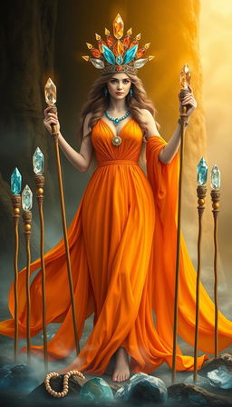 The Goddess of Wands stands gracefully in a mystical theme, adorned in a flowing orange dress that radiates warmth and vibrant energy