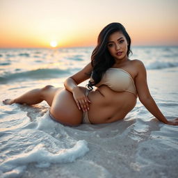 Hot sexy latina woman with a voluptuous figure, lying on the beach in a seductive pose