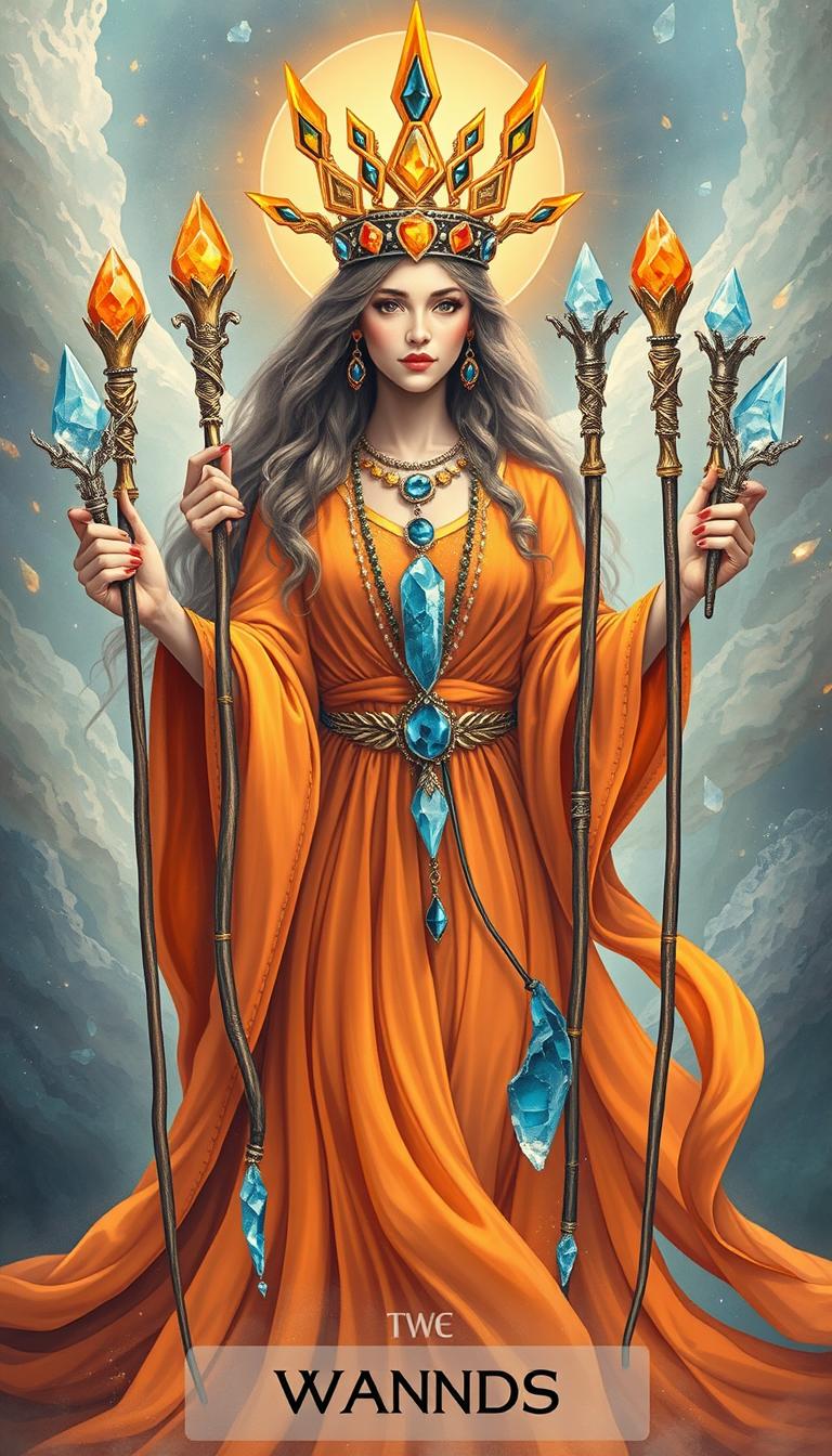 The Goddess of Wands appears in an ethereal realm, her presence commanding and mystical