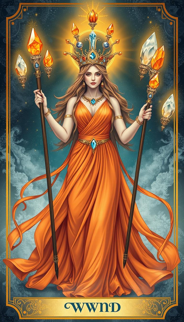 The Goddess of Wands appears in an ethereal realm, her presence commanding and mystical