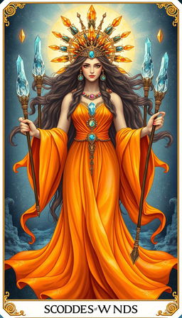 The Goddess of Wands appears in an ethereal realm, her presence commanding and mystical