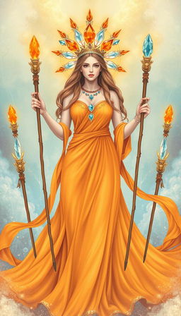 The Goddess of Wands appears in an ethereal realm, her presence commanding and mystical