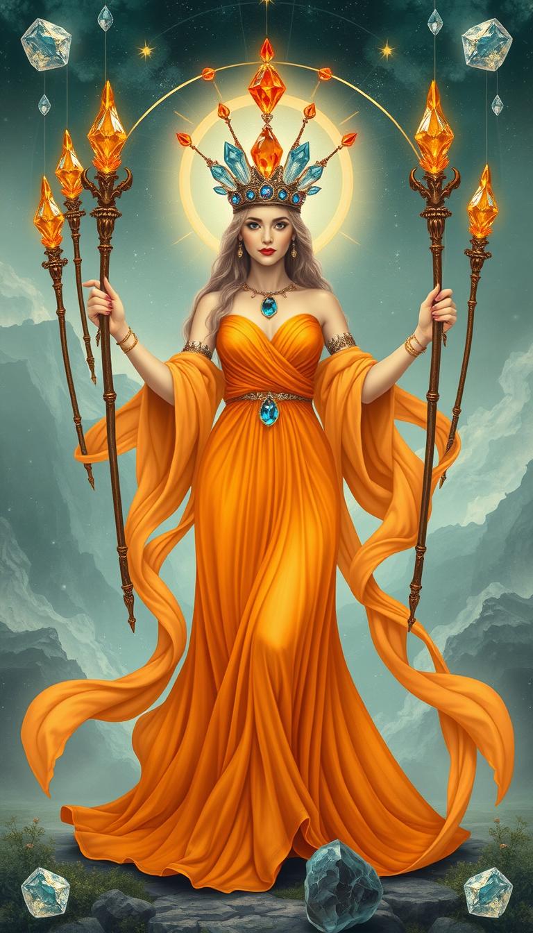 The Goddess of Wands is displayed in a mystical realm, adorned in a flowing orange dress that embodies elegance and vitality