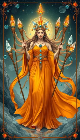 The Goddess of Wands is displayed in a mystical realm, adorned in a flowing orange dress that embodies elegance and vitality