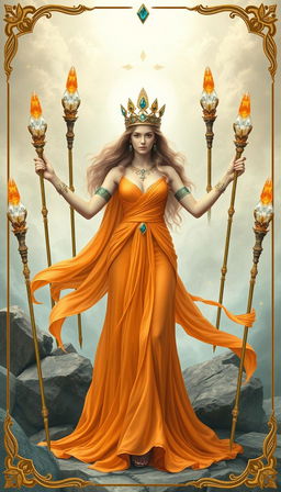 The Goddess of Wands is displayed in a mystical realm, adorned in a flowing orange dress that embodies elegance and vitality