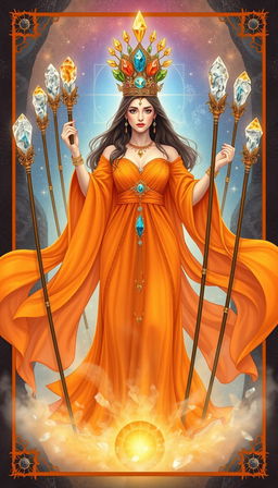 The Goddess of Wands is displayed in a mystical realm, adorned in a flowing orange dress that embodies elegance and vitality