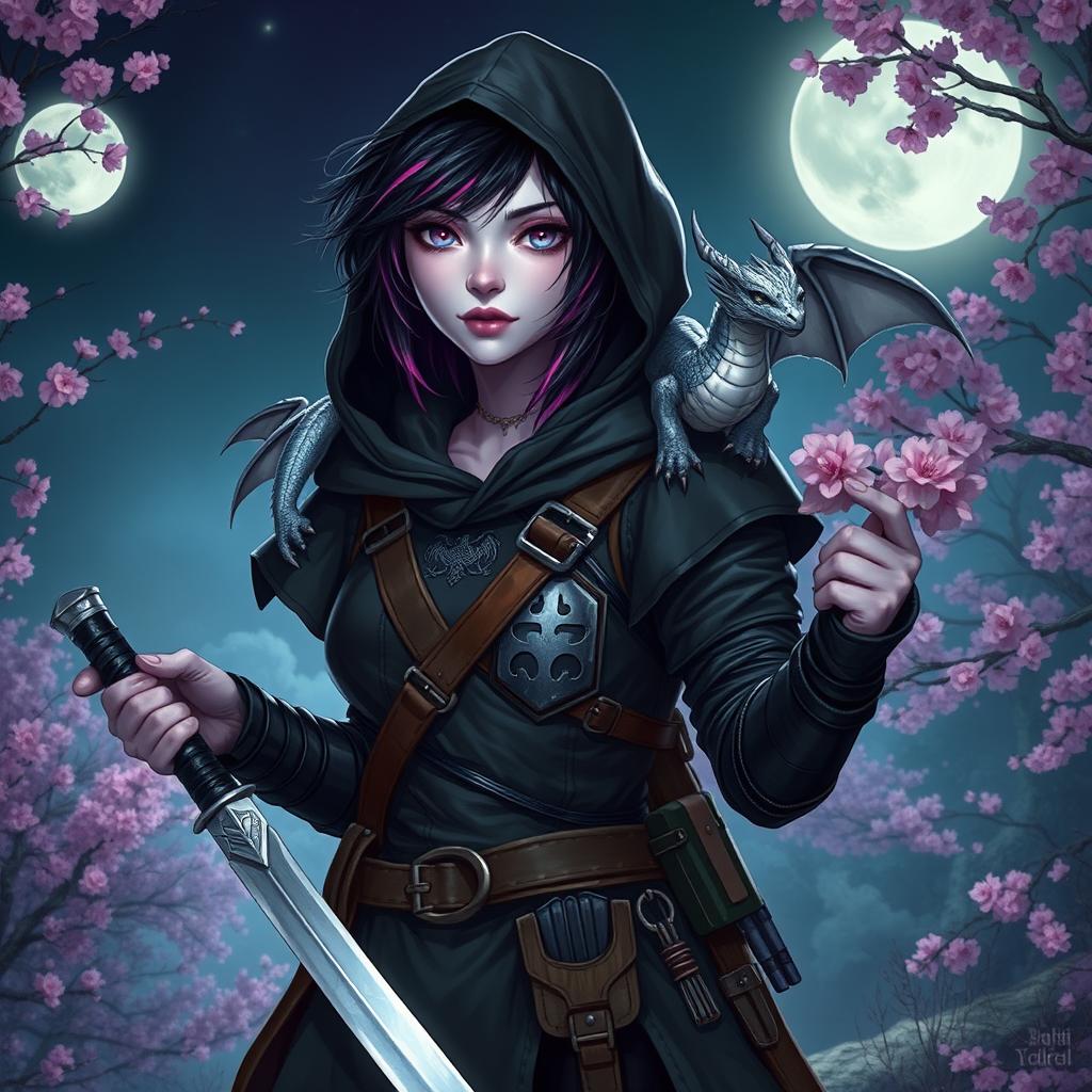 A mystical Dungeons & Dragons scene featuring a female hexblood with short black hair accented by orchid-colored highlights