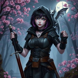 A mystical Dungeons & Dragons scene featuring a female hexblood with short black hair accented by orchid-colored highlights