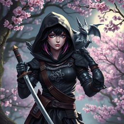 A mystical Dungeons & Dragons scene featuring a female hexblood with short black hair accented by orchid-colored highlights