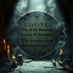 An enigmatic gothic cipher engraved with eldritch symbols, surrounded by ethereal mist, symbolizing a horror movie theme