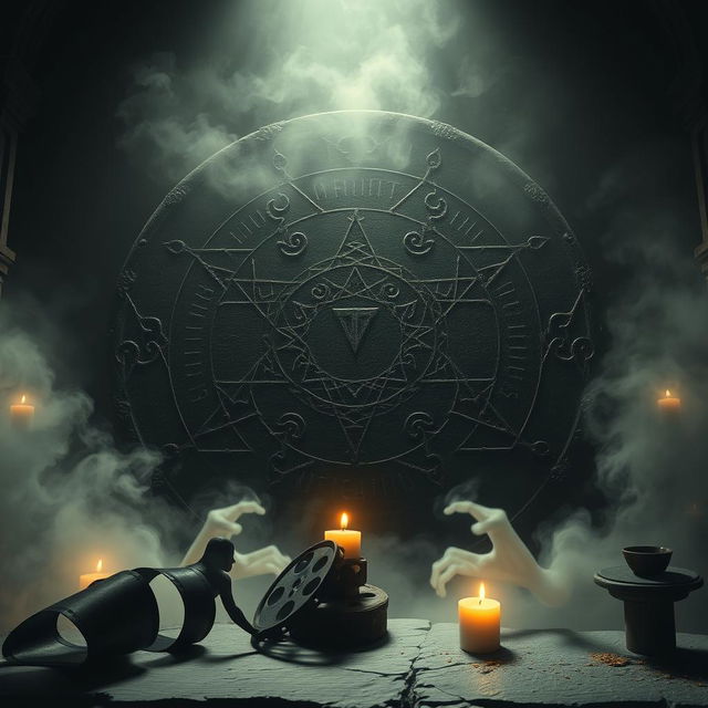 An enigmatic gothic cipher engraved with eldritch symbols, surrounded by ethereal mist, symbolizing a horror movie theme