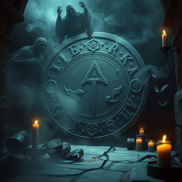 An enigmatic gothic cipher engraved with eldritch symbols, surrounded by ethereal mist, symbolizing a horror movie theme