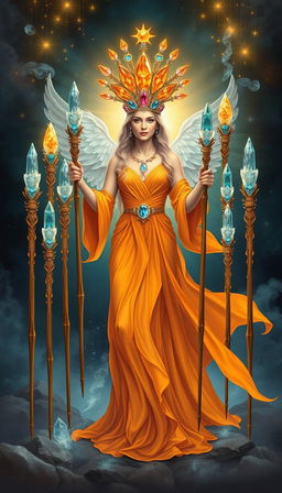 The Goddess of Wands stands in a mystical scene, her presence radiant and powerful