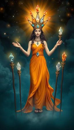 The Goddess of Wands stands in a mystical scene, her presence radiant and powerful