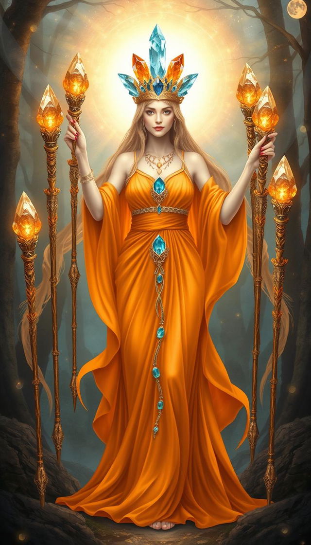 The Goddess of Wands stands in a mystical scene, her presence radiant and powerful