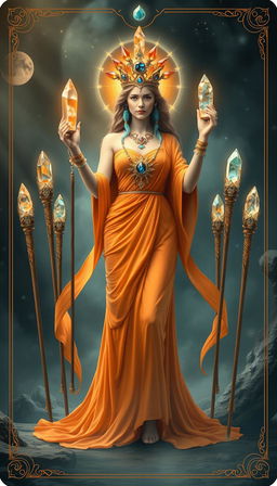 The Goddess of Wands stands in a mystical scene, her presence radiant and powerful