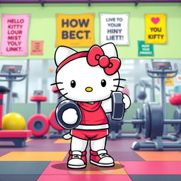 A cute and energetic Hello Kitty character lifting weights in a cheerful gym setting