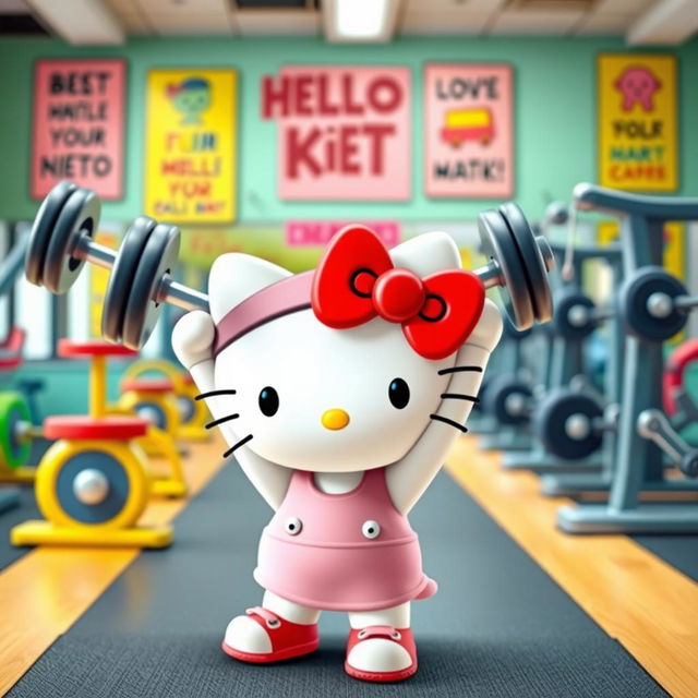 A cute and energetic Hello Kitty character lifting weights in a cheerful gym setting